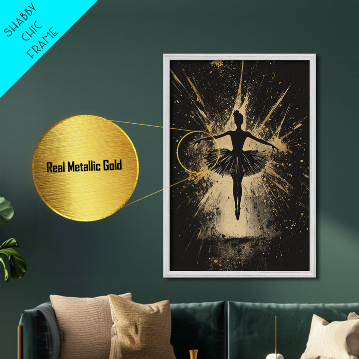 Ballerina In Shadows Metallic Gold Art, Gothic Dance Metal Art, Dark Spooky Season Halloween Wall Print with Real Wood Frame