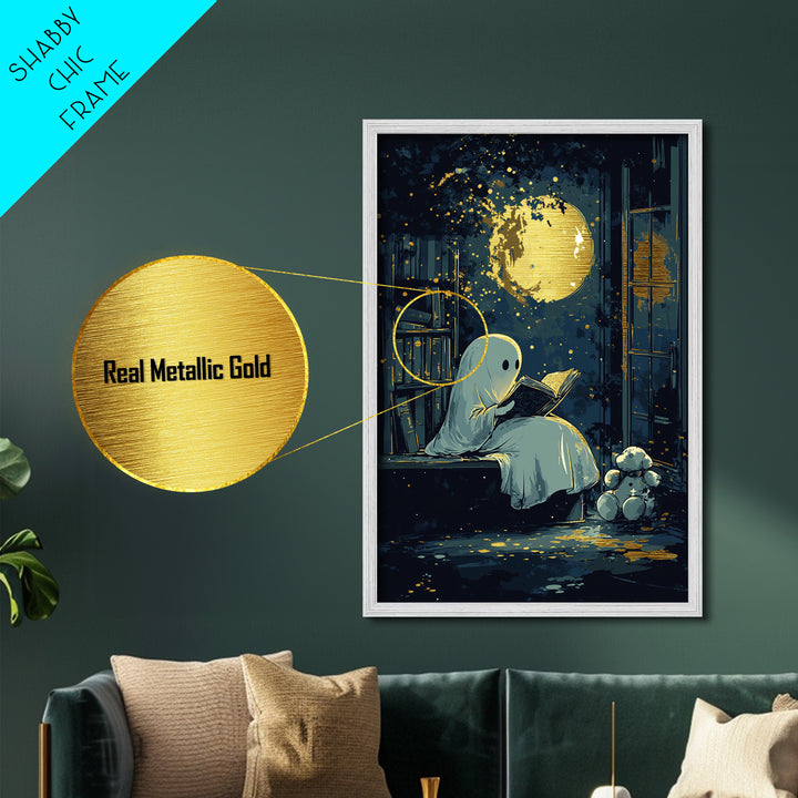 Cute Ghost Reading Under Moon, Metallic Gold Art, Whimsical Spooky Season Metal Art, Halloween Wall Print in Wooden Frame