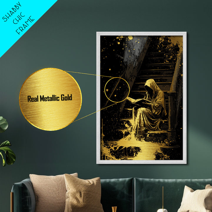 Hooded Reader On Stairs Metallic Gold Art, Haunted Gothic Metal Art, Spooky Horror Season Wall Décor with Real Wood Framing