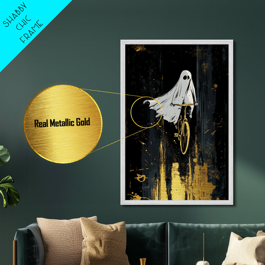 Playful Ghost On Bicycle Metallic Gold Art, Creepy Cute Metal Art, Halloween Haunted Season Wall Print Framed in Natural Wood