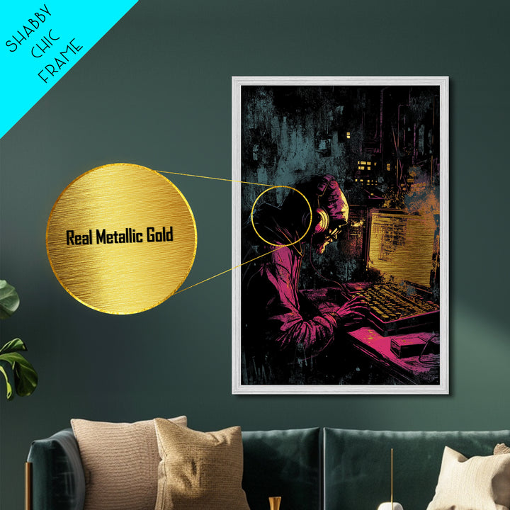 Cyberpunk Hacker Metallic Gold Art | Spooky Halloween Tech Wall Decor | Metal Art in Real Wood Frame