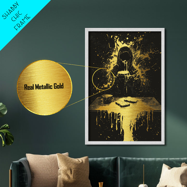 Hungry Ghost Metallic Gold Art, Gothic Horror Metal Art, Haunted Spooky Season Wall Décor Framed in Real Wood