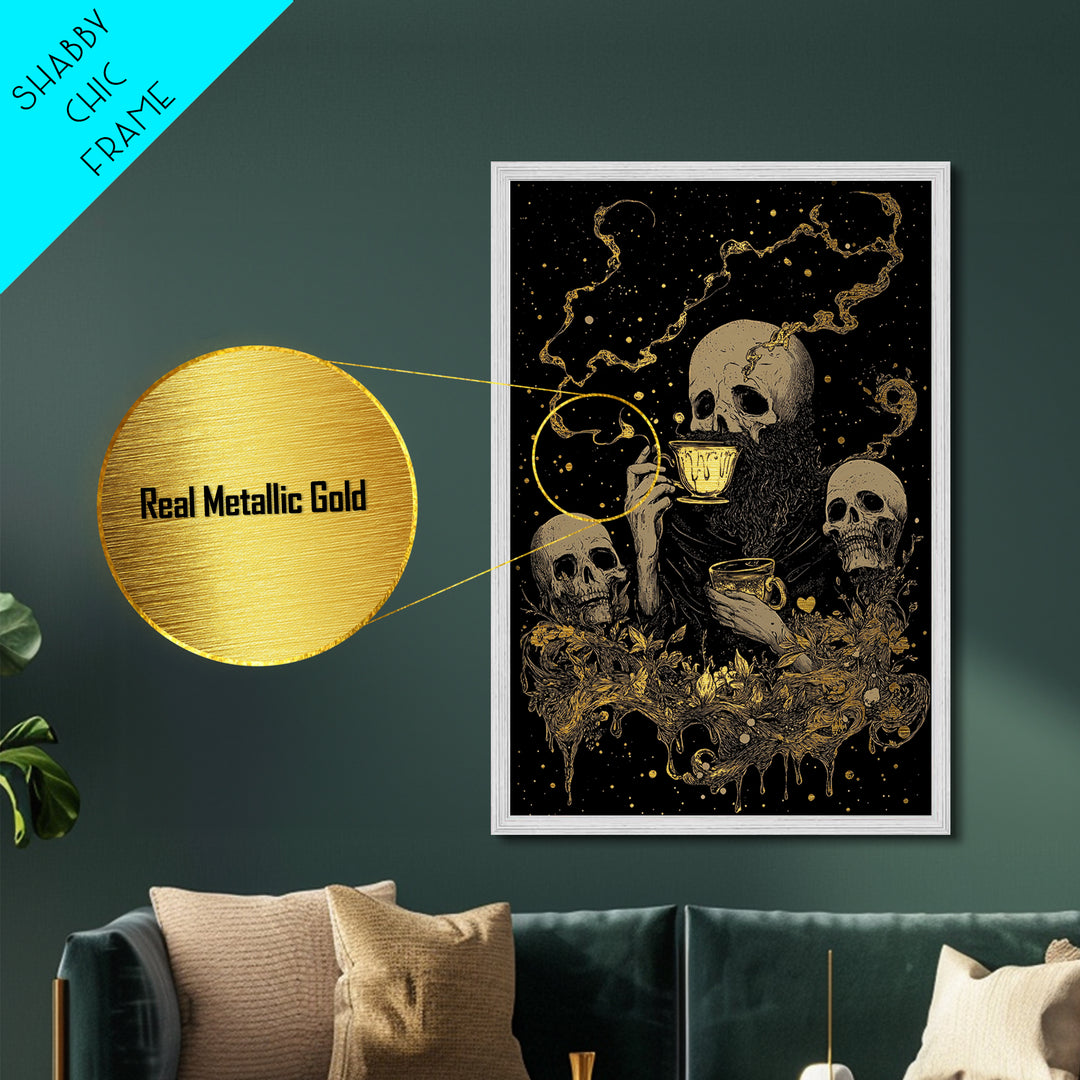 Gothic Skeleton Tea Party Metallic Gold Art | Spooky Skull Metal Art Framed In Natural Wood For Haunted Halloween Decor