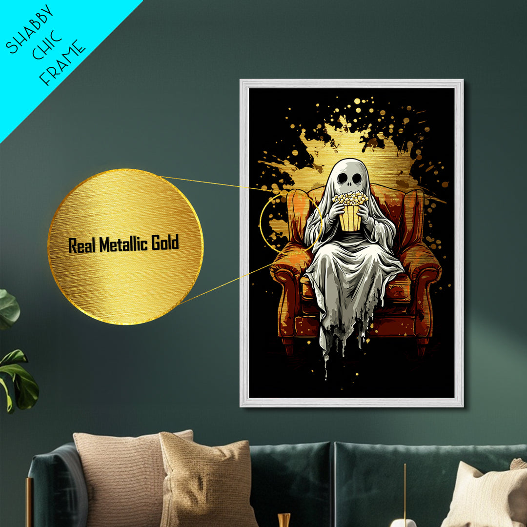 Cozy Ghost On Couch With Popcorn Metallic Gold Art | Spooky Movie Night Metal Art With Real Wood Frame For Halloween