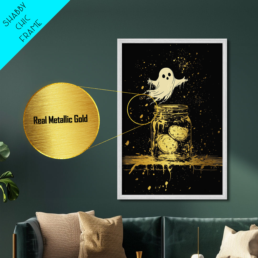 Haunted Cookie Jar Metallic Gold Art | Cute Ghost Metal Art Wall Decor In Rustic Real Wood Frame For Spooky Season
