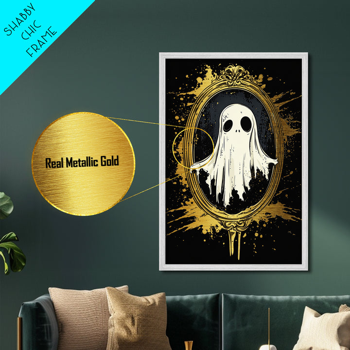 Haunted Mirror Metallic Gold Art | Gothic Ghost Metal Art Framed In Solid Real Wood For Spooky Season Wall Decor