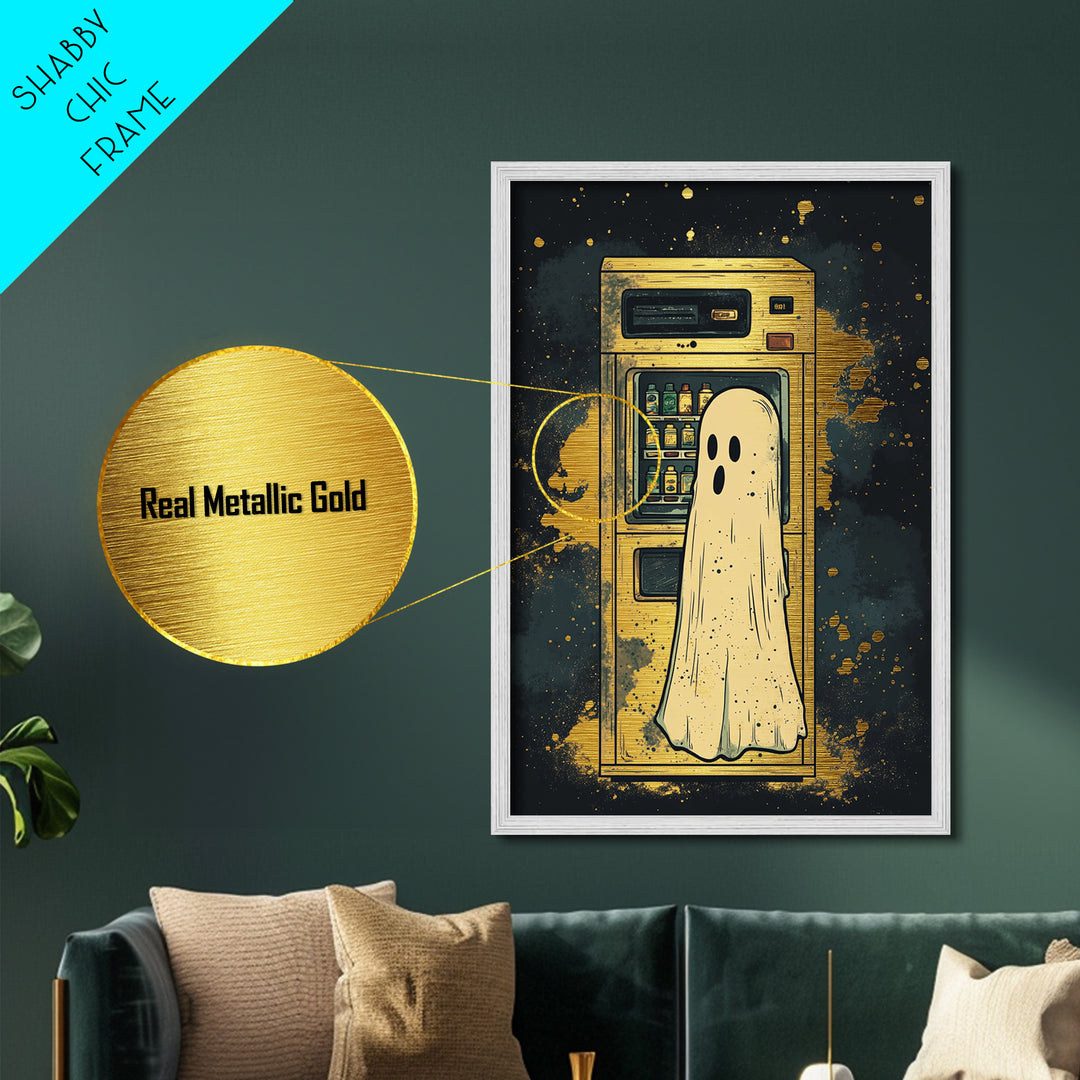 Ghost At Vending Machine Metallic Gold Art | Quirky Haunted Metal Art Spooky Season Wall Hanging In Real Wood Frame