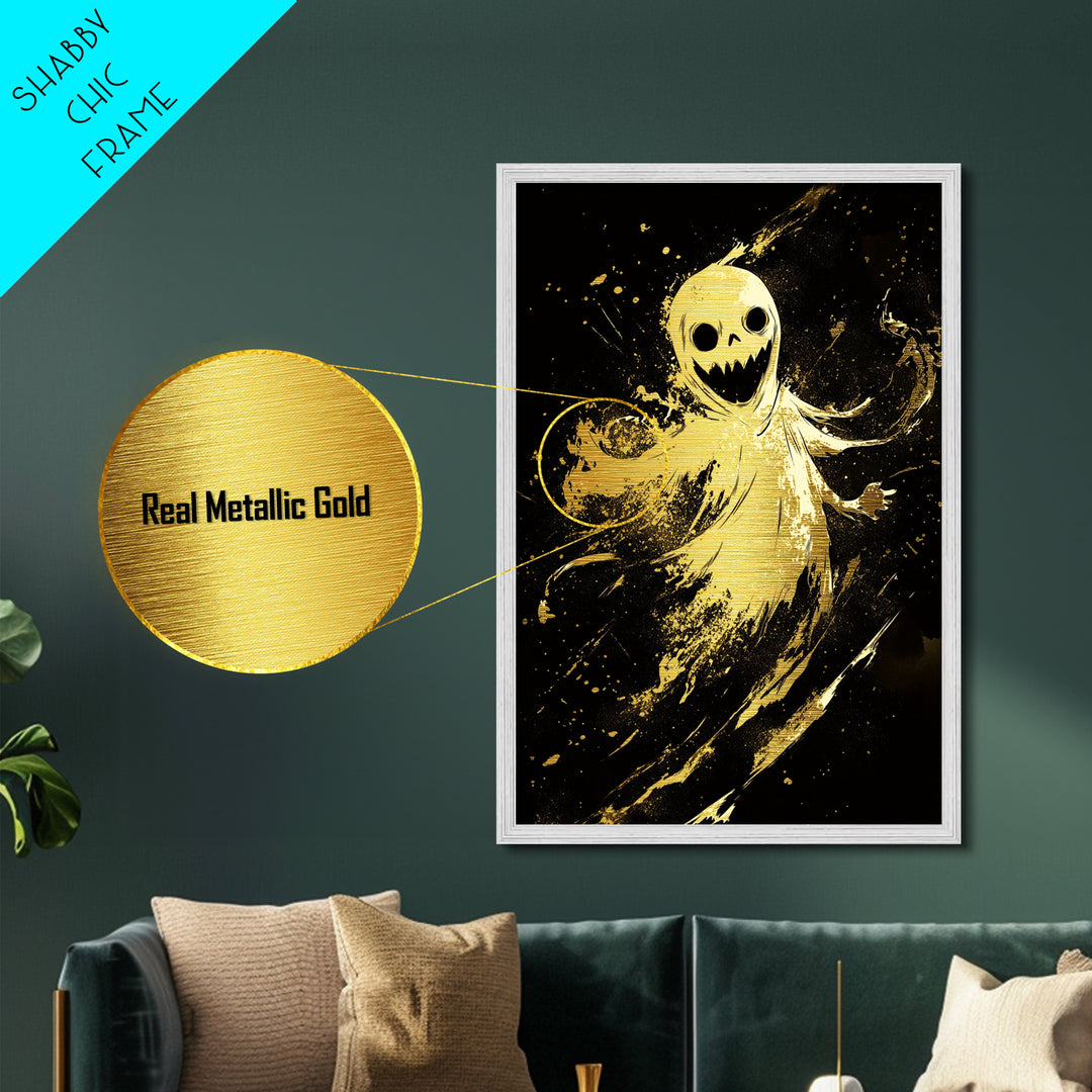Sinister Smiling Spirit Metallic Gold Art | Horror Ghost Metal Art Framed In Authentic Real Wood For Spooky Season