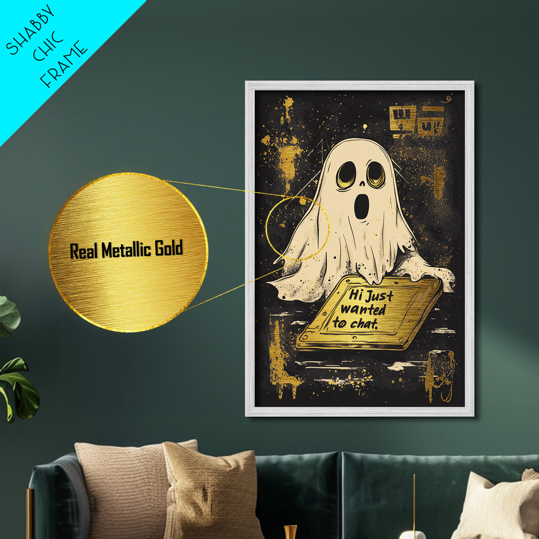 Spooky Ghost Greeting Metallic Gold Art, Gothic Metal Art Wall Décor with Natural Wood Frame for Halloween Haunted Home