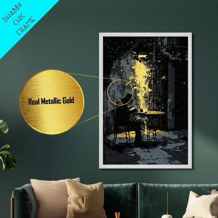 Mysterious Reader in Alley Metallic Gold Art, Spooky Metal Art Scene with Real Wood Framed Gothic Halloween Illustration