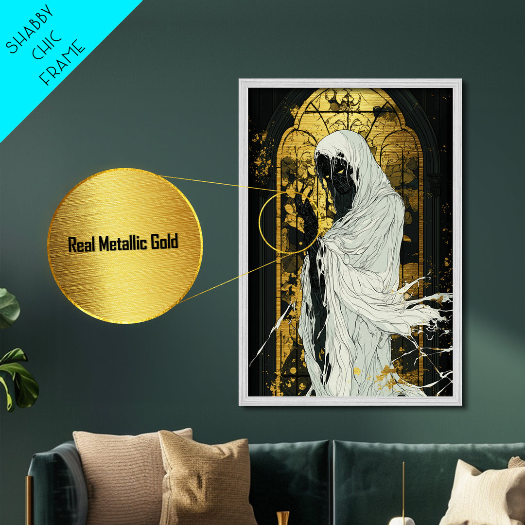 Dark Phantom in Chapel Metallic Gold Art, Gothic Horror Metal Art Print with Handcrafted Wood Frame, Spooky Season Wall