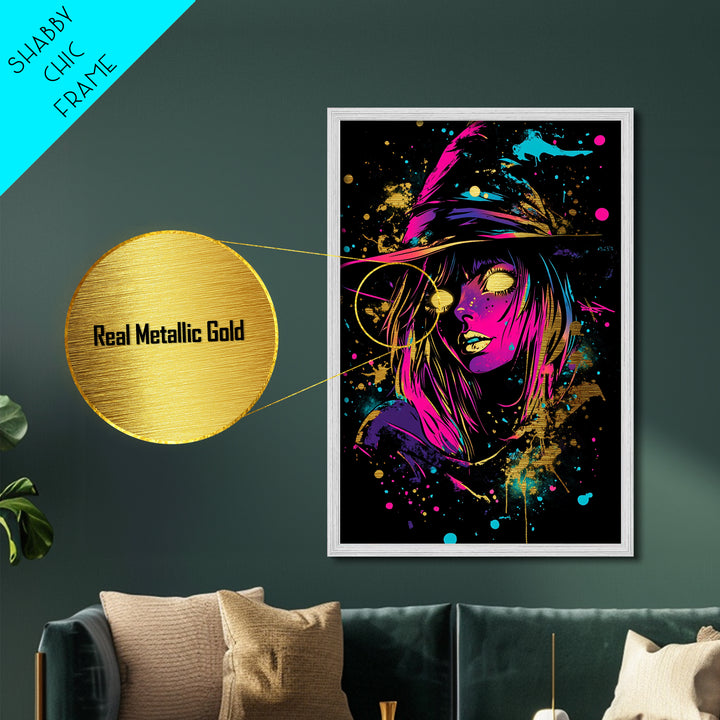 Neon Witch Metallic Gold Art | Vibrant Spooky Halloween Wall Art | Metal Art Glow Effect in Real Wood Frame