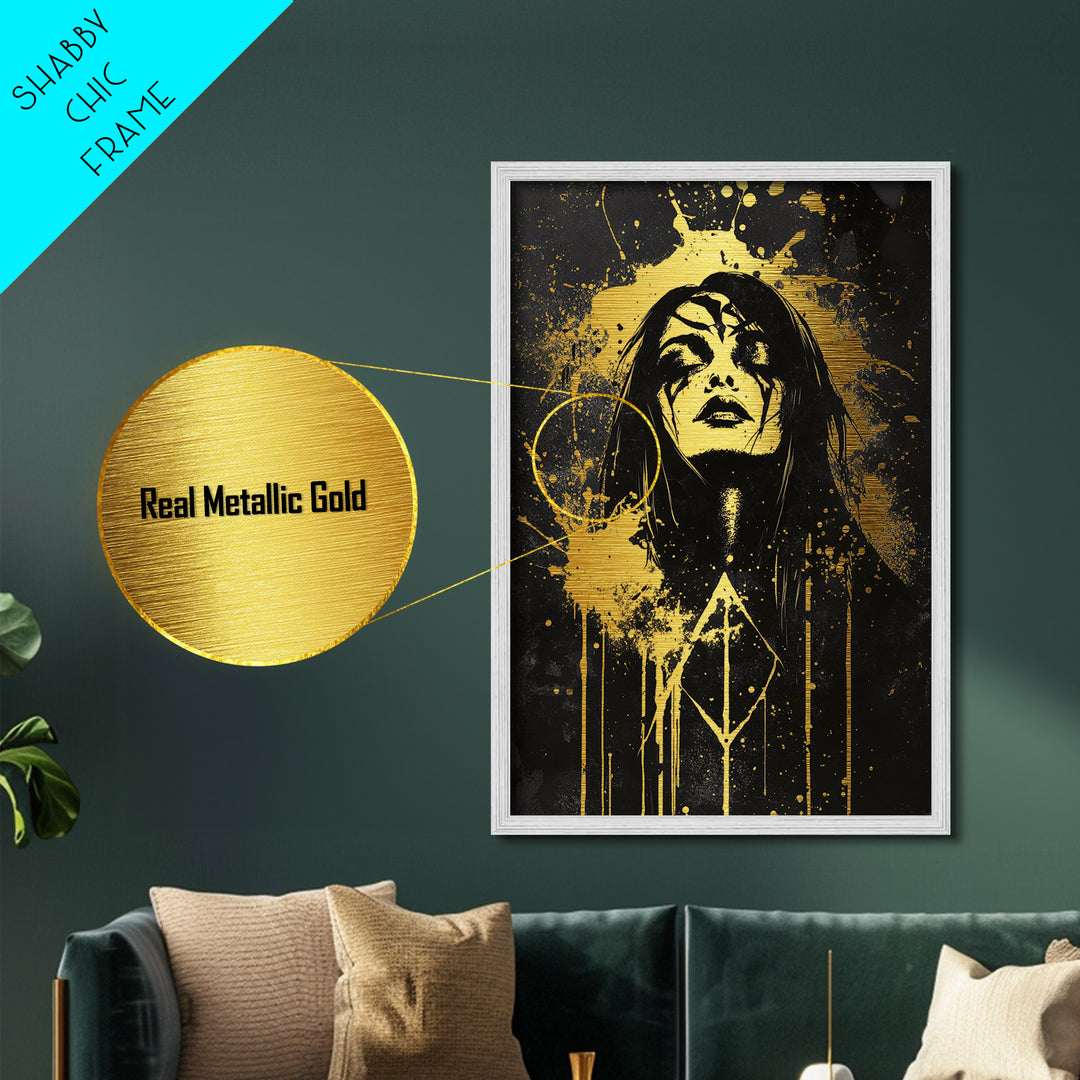 Haunted Sorceress Portrait Metal Art – Metallic Gold Art Halloween Wall Hanging, Gothic Style, Mounted in Natural Wood Frame