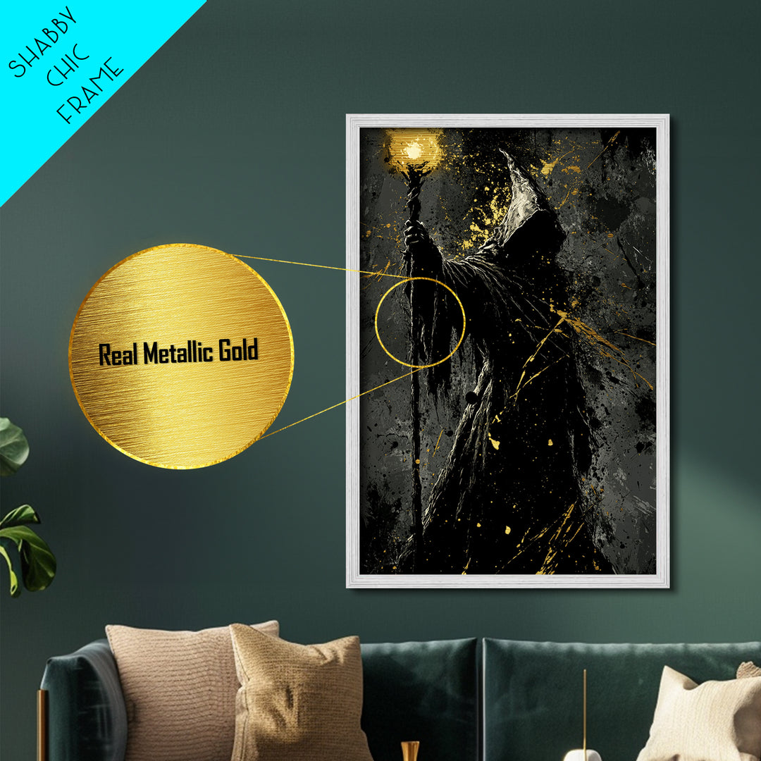 Dark Wizard Silhouette Metal Art – Metallic Gold Art Spooky Gothic Decor, Halloween Wall Print with Real Wood Frame
