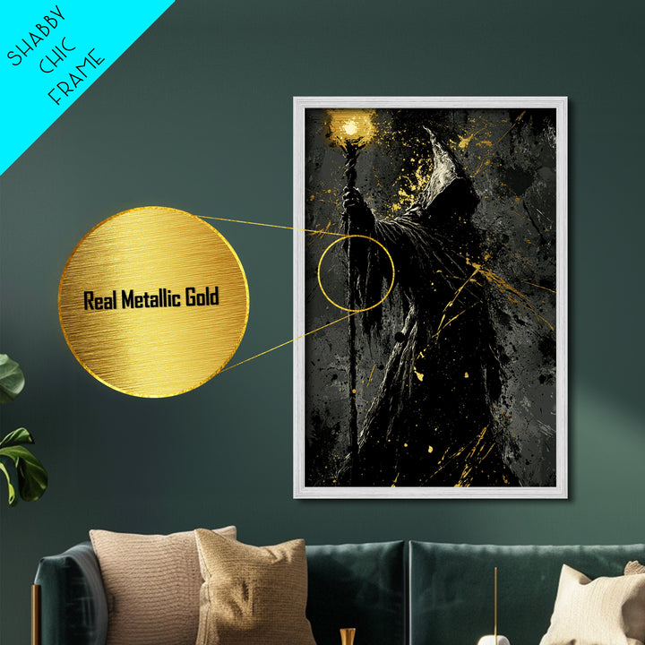 Dark Wizard Silhouette Metal Art – Metallic Gold Art Spooky Gothic Decor, Halloween Wall Print with Real Wood Frame