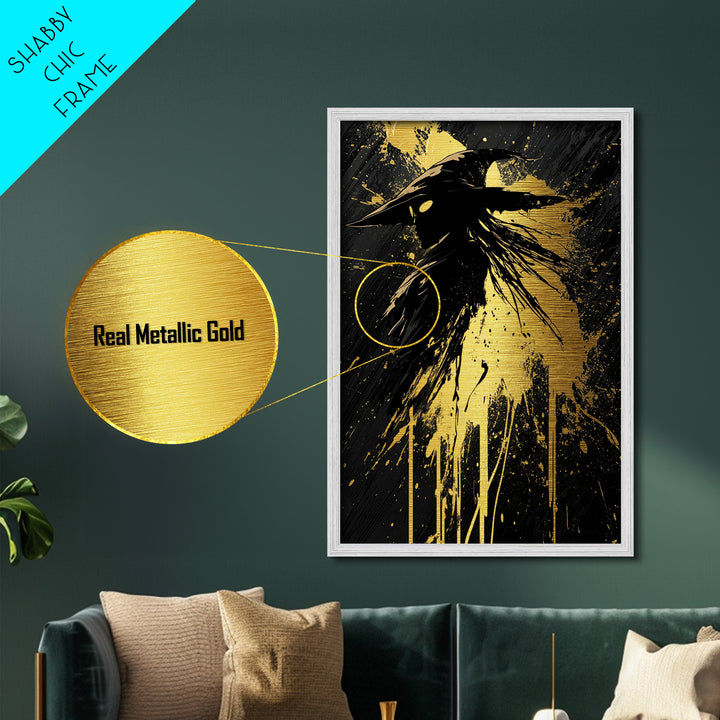 Mystical Plague Doctor Mask Metallic Gold Art – Spooky Season Metal Art Gothic Halloween Wall Print, Framed in Authentic Wood