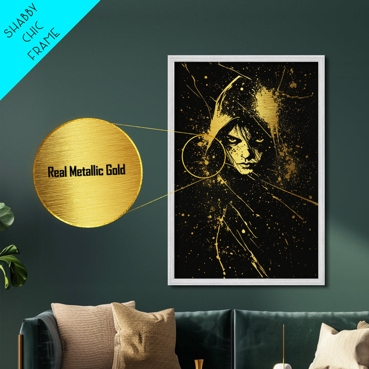 Eerie Hooded Figure Metallic Gold Art – Haunted Season Metal Art Gothic Halloween Wall Print, Natural Wood Frame Included