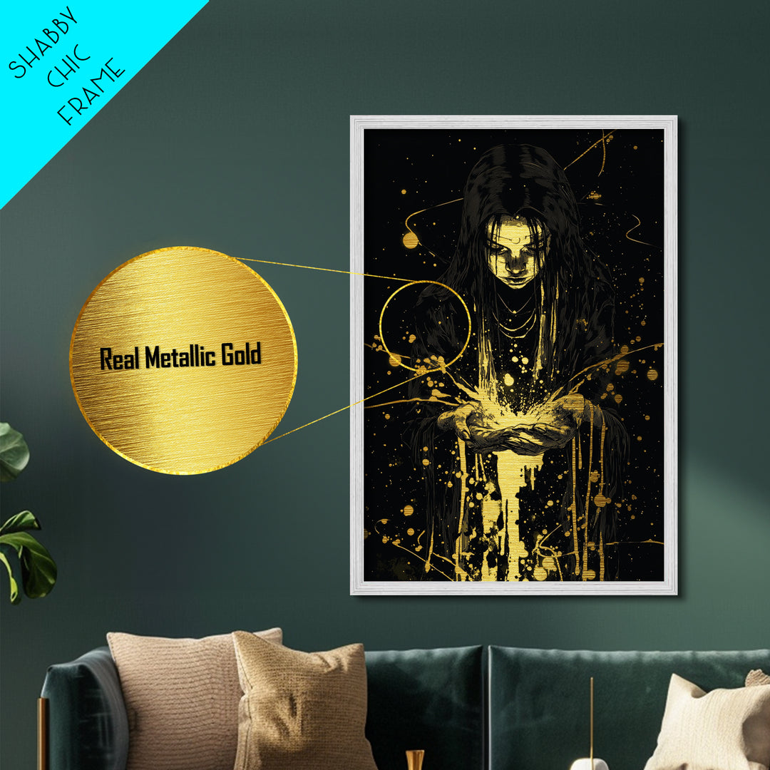Mystic Sorceress Hands Metallic Gold Art – Halloween Metal Art Print with Glowing Magic, Spooky Wall Hanging in Wood Frame
