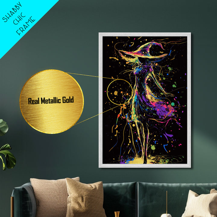 Mystical Witch Silhouette Metallic Gold Art | Spooky Halloween Wall Art | Metal Art with Real Wood Frame