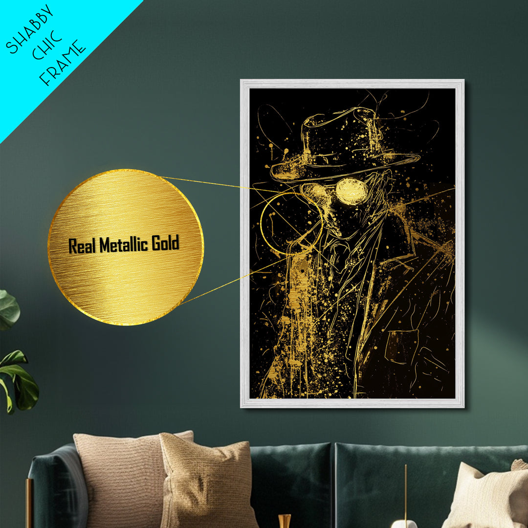 Creepy Gas Mask Gentleman Metallic Gold Art, Halloween Horror Metal Art With Natural Wood Frame, Gothic Spooky Wall Artwork