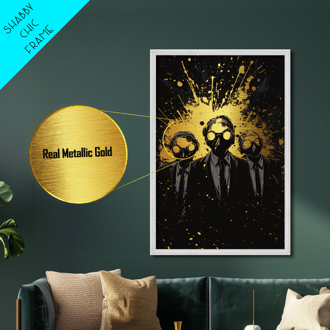 Sinister Trio In Gas Masks Metallic Gold Art, Horror Gothic Metal Art With Real Wood Frame, Creepy Halloween Spooky Wall Art