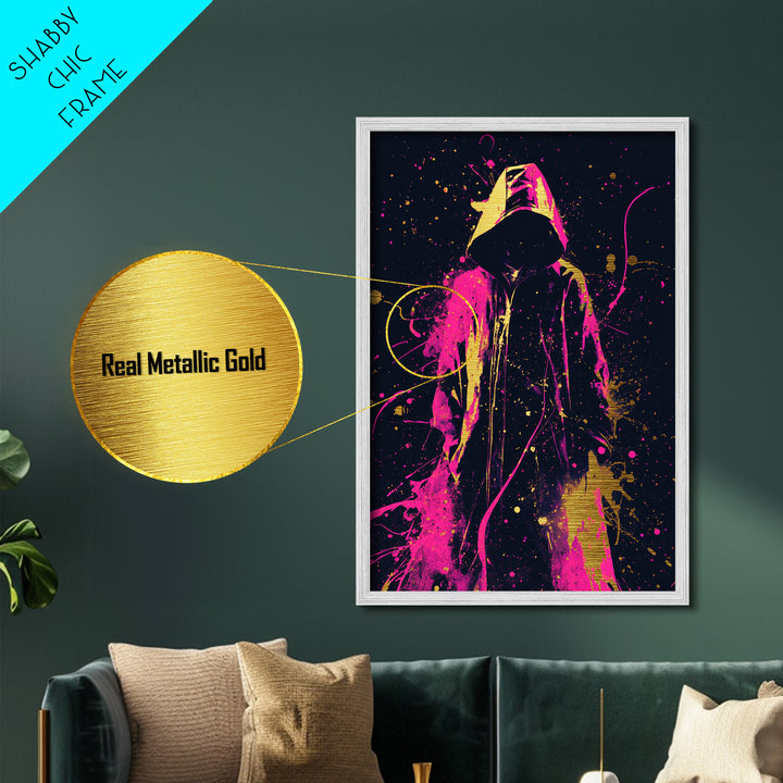 Neon Hooded Phantom Metallic Gold Art, Gothic Spooky Season Metal Art With Real Wood Frame, Haunted Halloween Wall Decoration