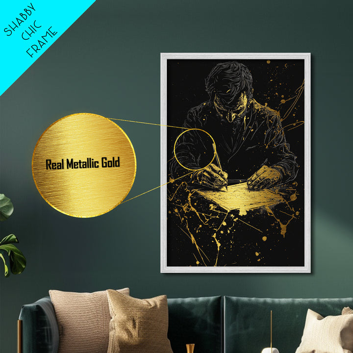 Haunted Writer At Desk Metallic Gold Art, Gothic Horror Halloween Metal Art In Real Wood Frame, Spooky Season Wall Decoration