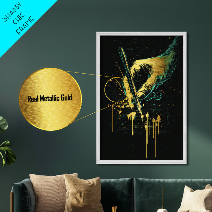 Creepy Hand With Pen Metallic Gold Art, Horror Gothic Halloween Metal Art With Natural Wood Framing, Spooky Haunted Wall Decor