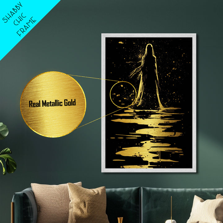 Haunted Silhouette Metallic Gold Art, Spooky Season Wall Decor, Gothic Horror Metal Art Framed in Real Wood