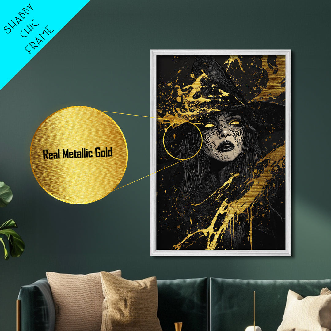 Dark Sorceress Metallic Gold Art, Witchy Halloween Metal Art with Gothic Vibes, Framed in Real Wood