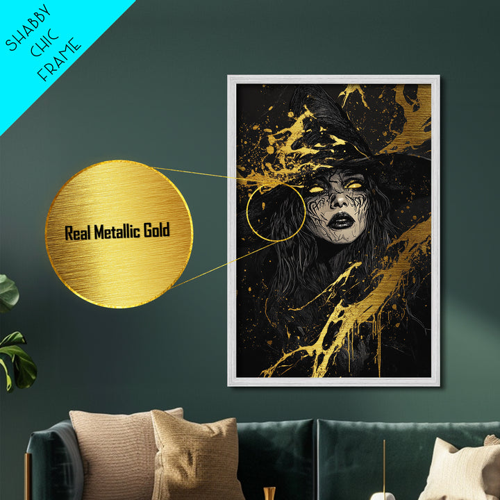 Dark Sorceress Metallic Gold Art, Witchy Halloween Metal Art with Gothic Vibes, Framed in Real Wood