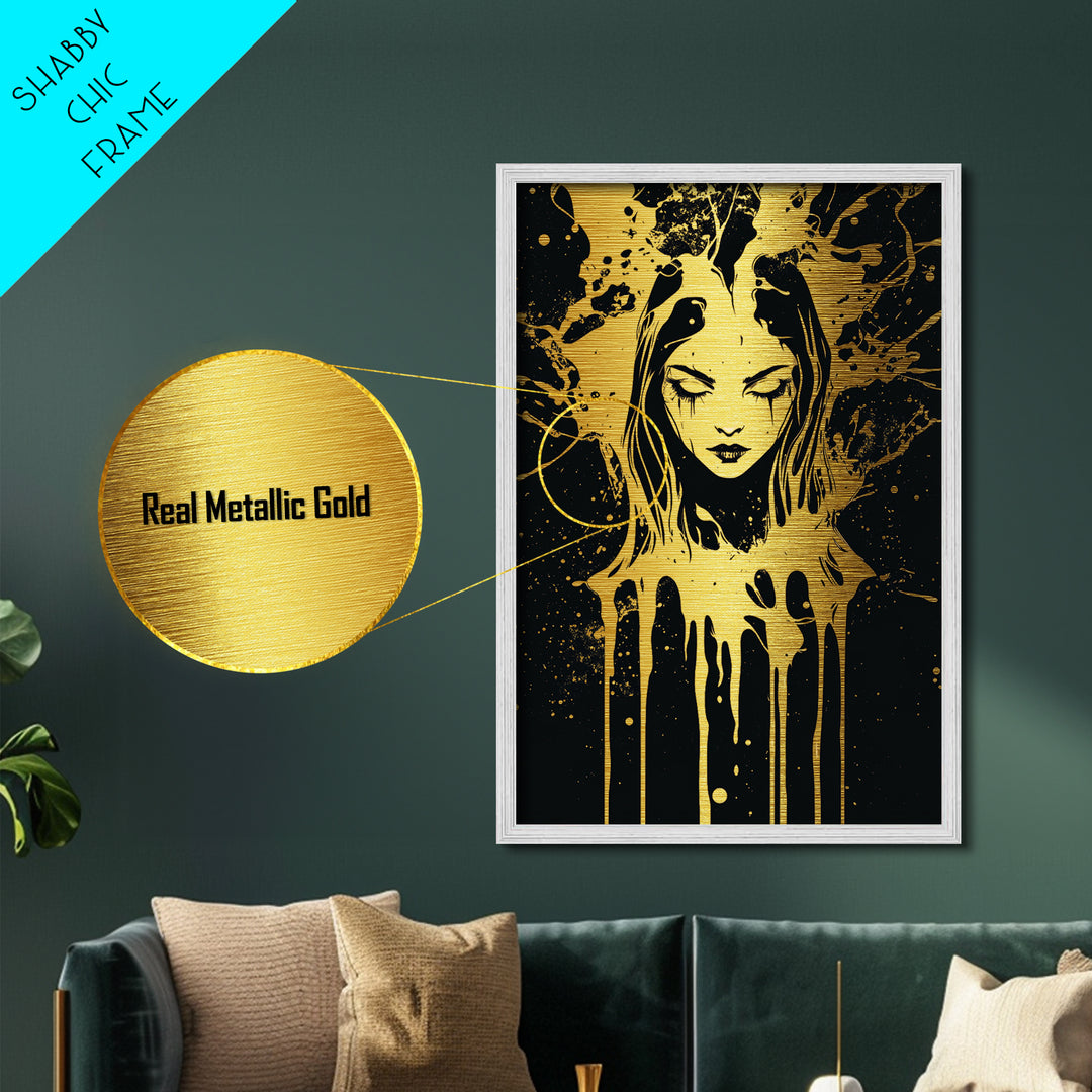 Dripping Phantom Metallic Gold Art, Spooky Season Creepy Horror Portrait, Metal Art with Real Wood Frame