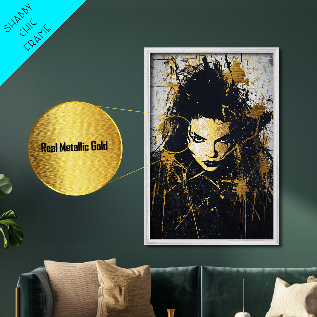 Haunted Graffiti Face Metallic Gold Art, Gothic Halloween Wall Decor, Horror Metal Art Portrait in Natural Wood Frame