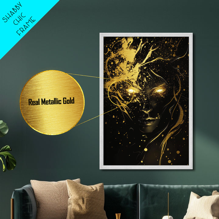 Glowing Eyes Metallic Gold Art, Spooky Season Witchy Horror Portrait, Gothic Metal Art in Real Wood Frame