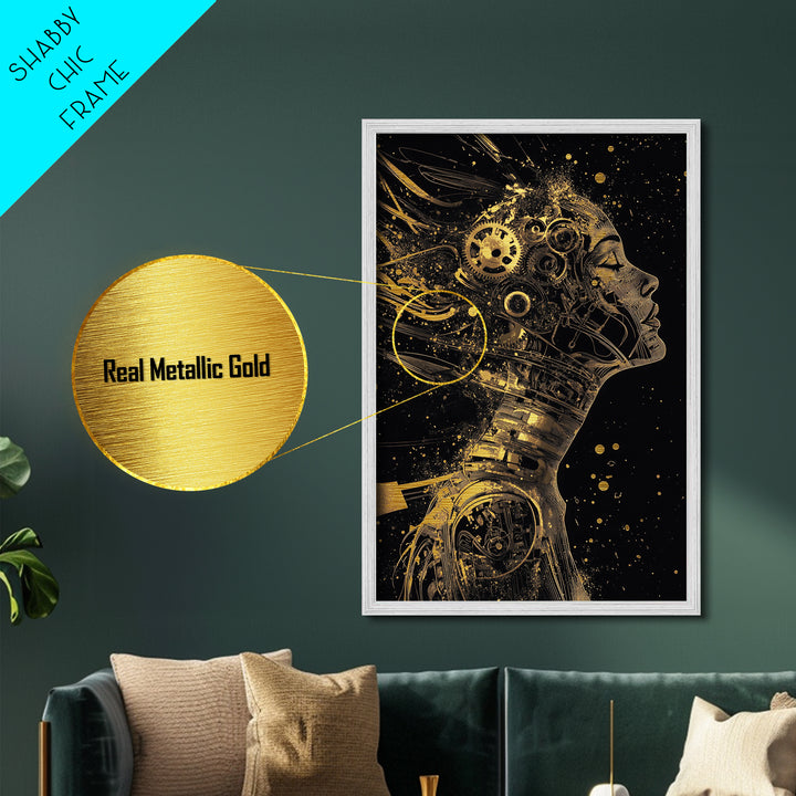 Metallic Gold Art Cyberpunk Automaton Portrait | Gothic Halloween Metal Art Wall Decor | Framed in Real Natural Wood