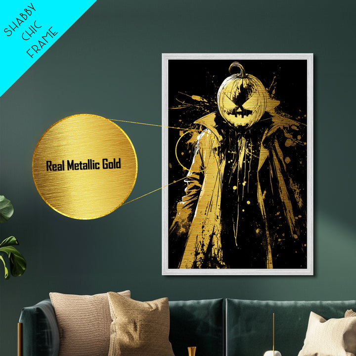 Metallic Gold Art Jack O Lantern Villain | Horror Halloween Metal Art Home Wall Decor | Real Wood Frame Gothic Display