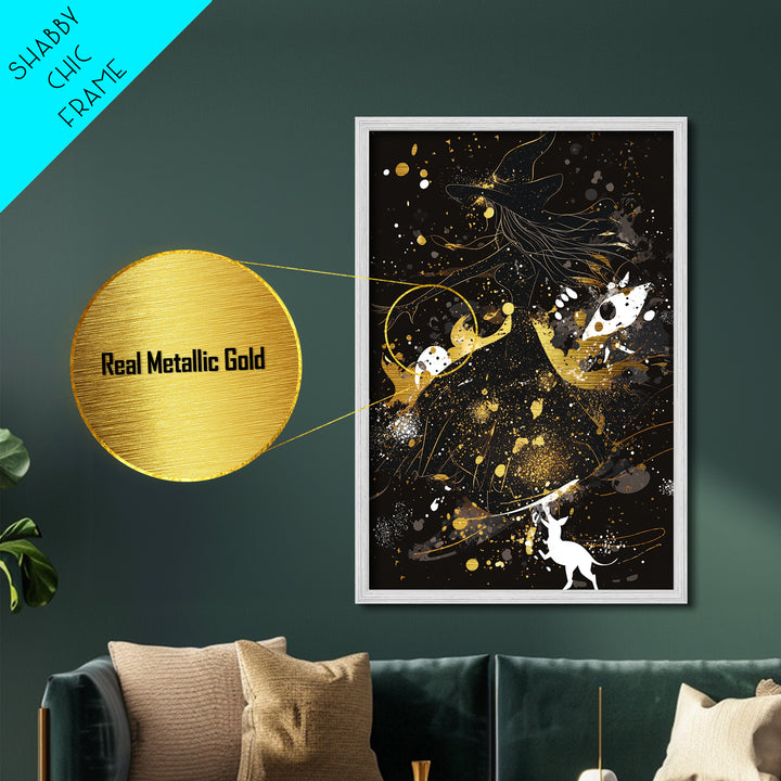 Witchy Woman Metallic Gold Art Silhouette | Spooky Season Halloween Metal Art Print | Natural Wood Framed Wall Hanging