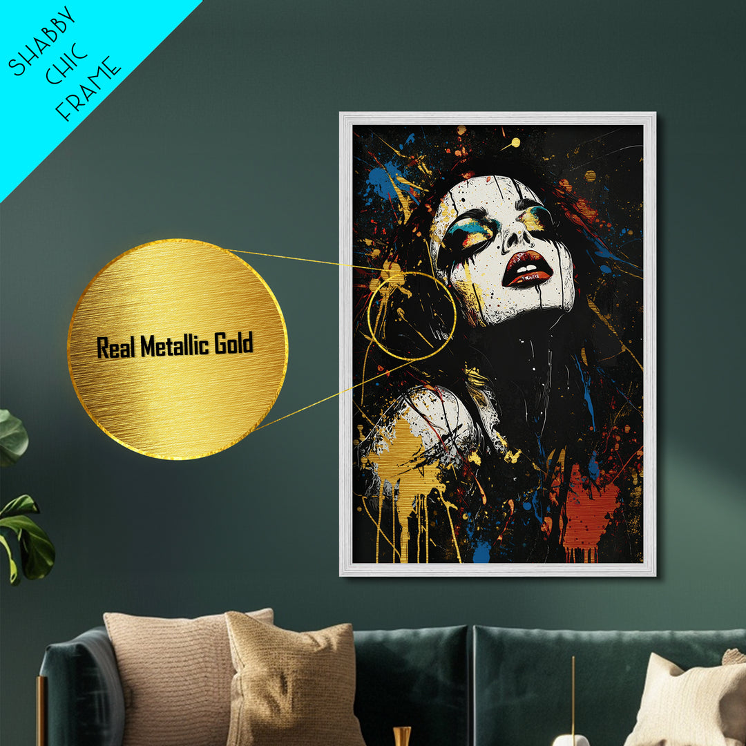 Metallic Gold Art Gothic Clown Woman | Spooky Halloween Metal Art Portrait | Creepy Horror Wall Art Framed in Real Wood