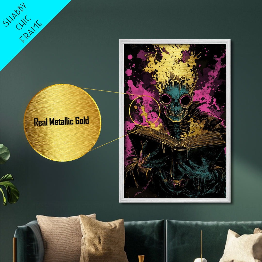 Haunted Skull Reader Metallic Gold Art | Horror Gothic Halloween Metal Art Print | Creepy Spooky Wall Decor with Wood Frame