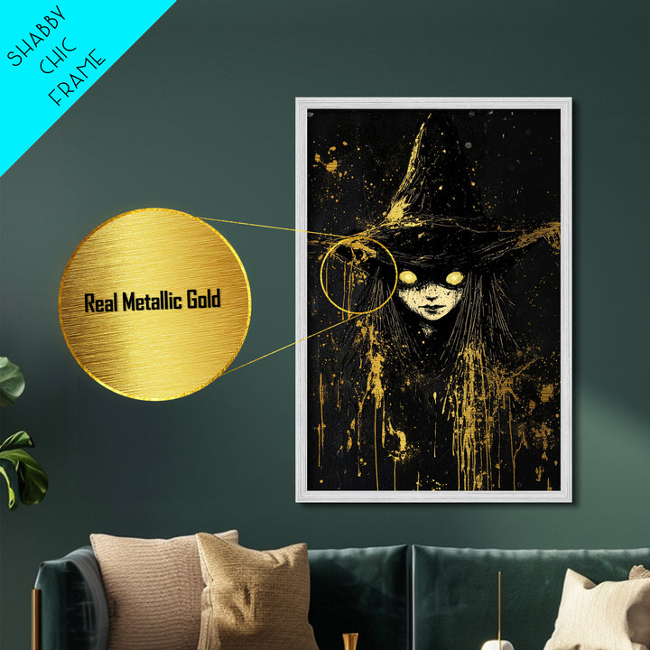 Glowing Eyes Witch Metallic Gold Art | Spooky Halloween Wall Art | Metal Art Splatter Design with Real Wood Frame