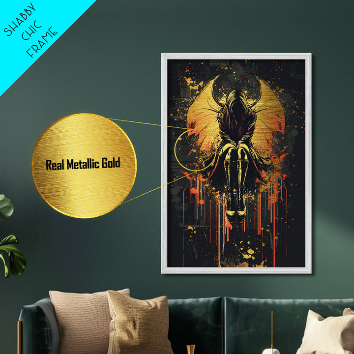 Dark Angel With Fiery Wings, Gothic Metal Art Print, Metallic Gold Art For Spooky Season Framed In Solid Wood