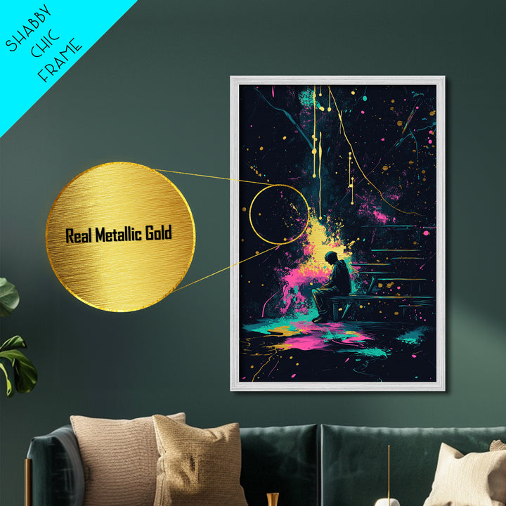 Lonely Figure On Bench, Cosmic Splatter Halloween Metallic Gold Art, Gothic Metal Art With Framing In Real Wood