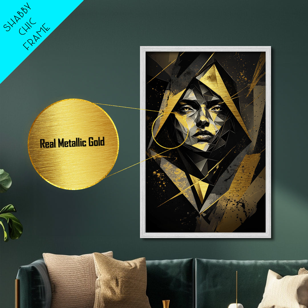 Geometric Gothic Portrait, Halloween Inspired Metallic Gold Art, Unique Metal Art Print In A Handcrafted Wooden Frame