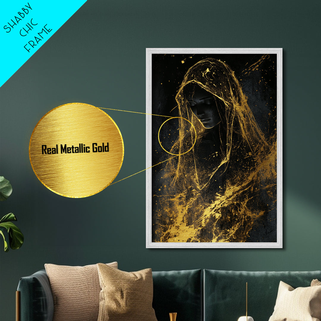 Golden Veil Haunted Figure, Metallic Gold Art Gothic Metal Art For Spooky Halloween Wall Décor, Framed In Real Wood