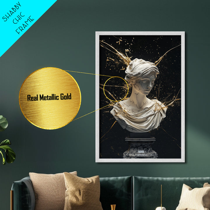 Classical Marble Witch Goddess Bust – Metallic Gold Art, Halloween Metal Art Print in Real Wood Frame, Elegant Spooky Decor