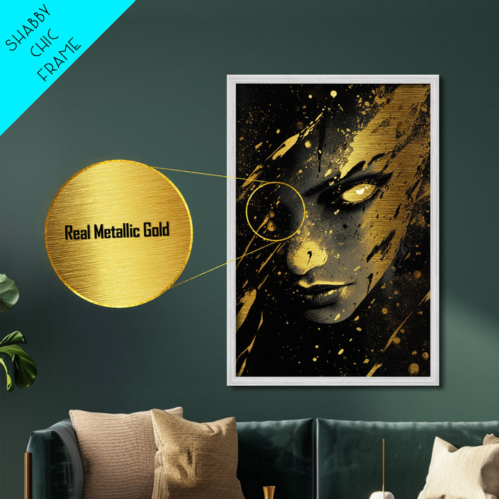 Haunted Face Metallic Gold Art | Spooky Halloween Witch Portrait Wall Decor | Metal Art in Real Wood Frame