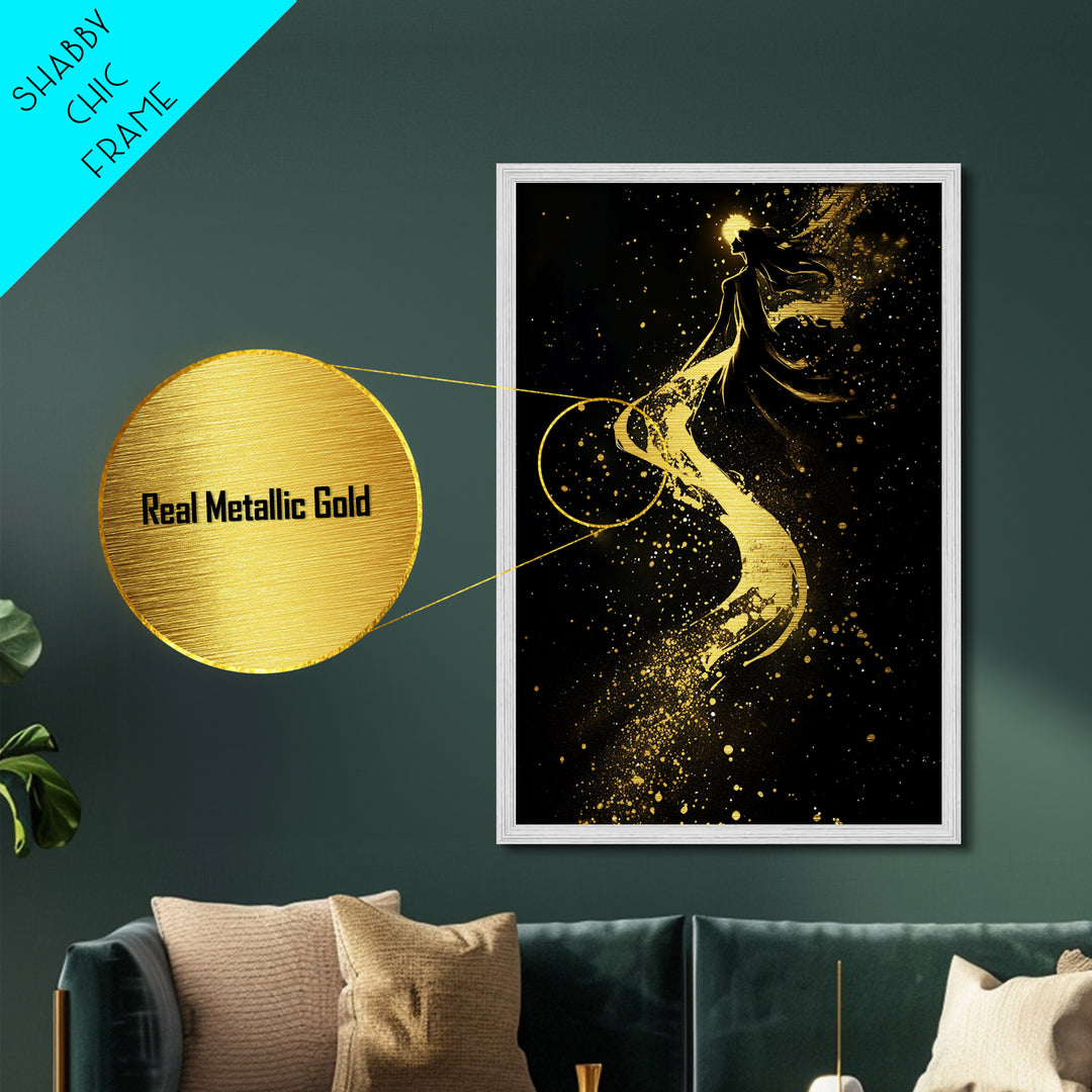 Celestial Witch Ascending, Halloween Metallic Gold Art, Spooky Gothic Metal Art Framed In Elegant Handcrafted Wooden Frame