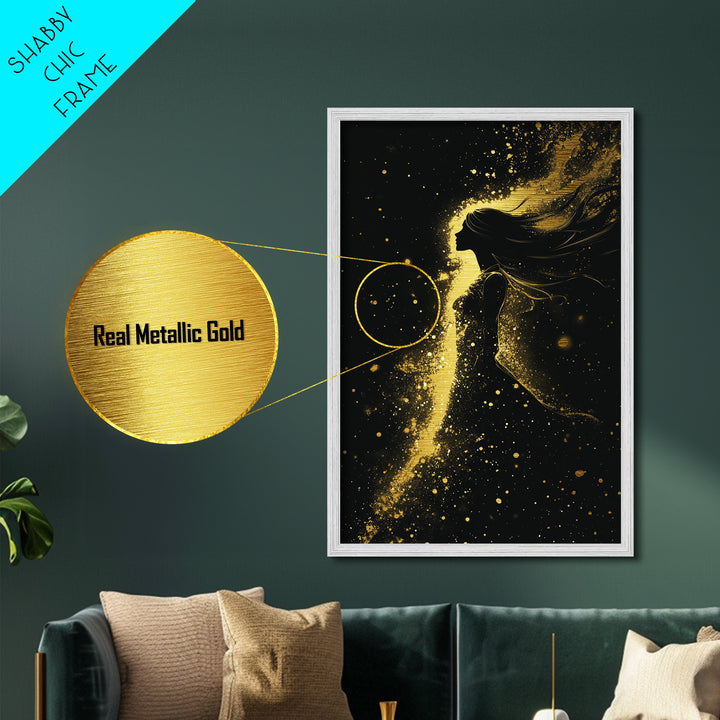 Gothic Witchy Woman Metallic Gold Art Metal Art Halloween Wall Decor Framed In Natural Wood Spooky Season Haunted Painting