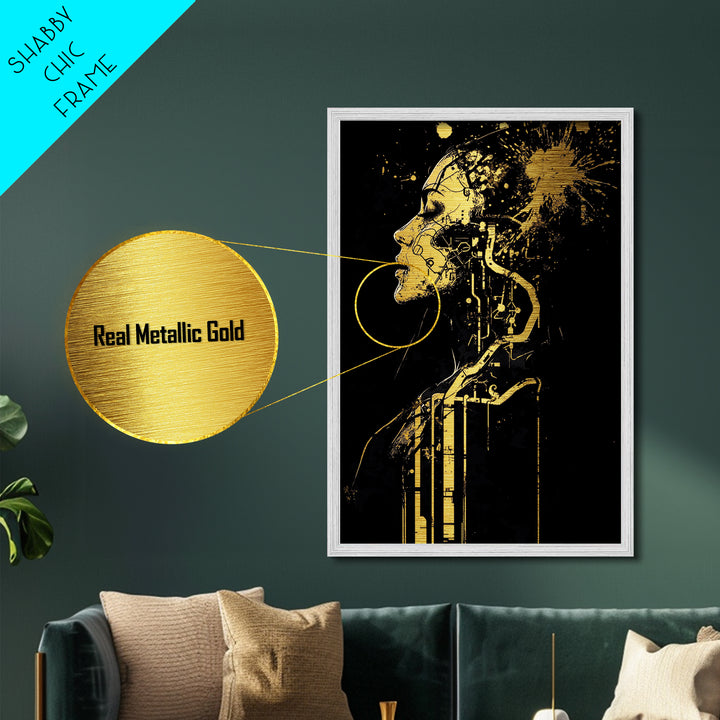 Cyberpunk Witch Metallic Gold Art Metal Art Gothic Halloween Portrait Spooky Futuristic Decor In Natural Wood Frame