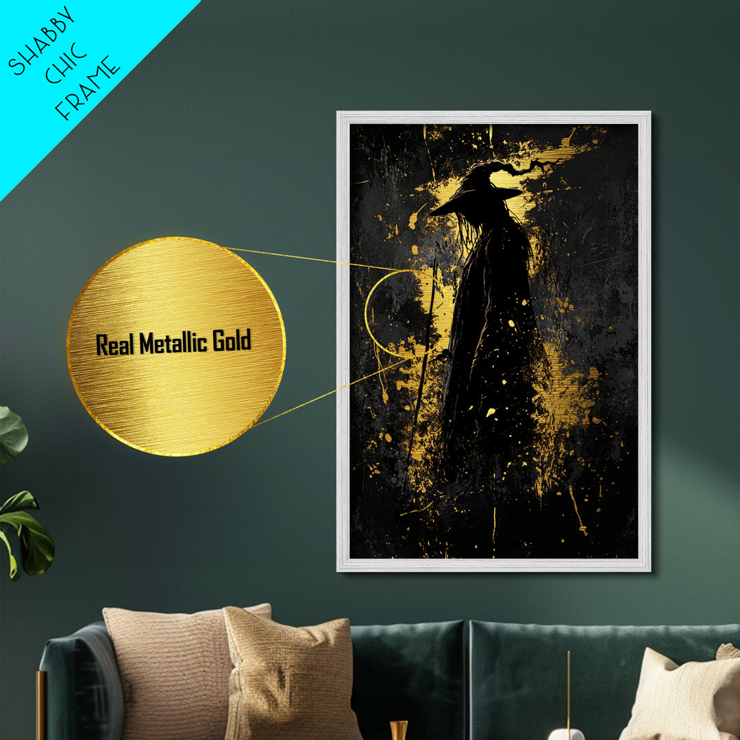 Haunted Wizard Metallic Gold Art Metal Art Halloween Gothic Witchy Wall Art Framed In Real Wood Spooky Season Home Decor